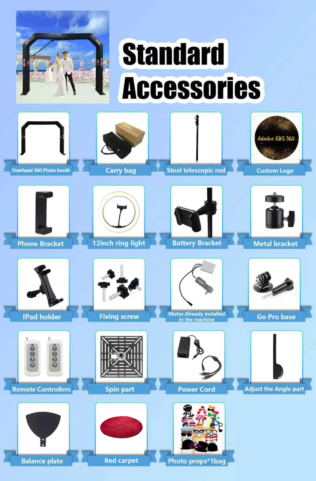 Overhead 360 Photo Booth w/ LEDs Compatible 3D 360 Video Booth Prix Plataforma Glass Accessories